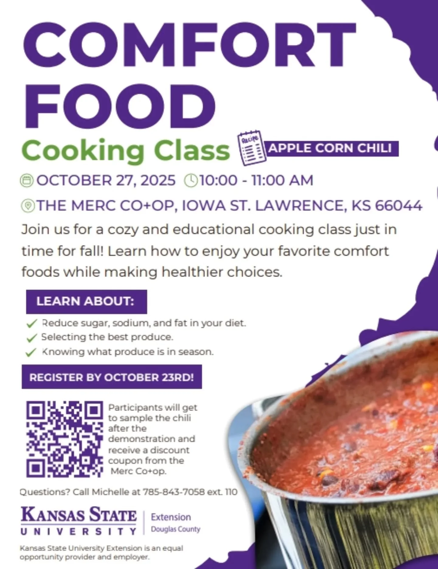 There's one more day to register for class, Monday October 27! Join Michelle with K-state Extension for a cozy, educational class on enjoying your favorite fall comfort foods while making healthy choices. @ksedouglas
Learn more and register at the