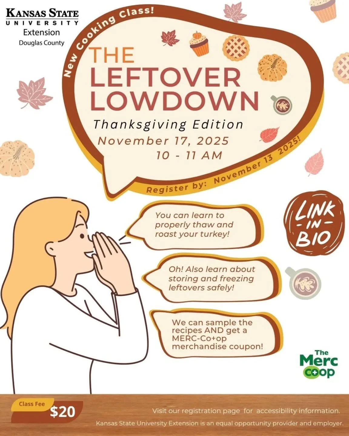 Reduce food waste by reusing your leftovers in a tasty way! Want to learn how? Join @ksedouglas at The Merc Co+op for a fun, flavorful class all about making the most of your Thanksgiving leftovers on November 17! Learn more and register at the link 