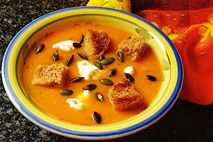 Creamy Caramelized Onion and Squash Soup with Croutons