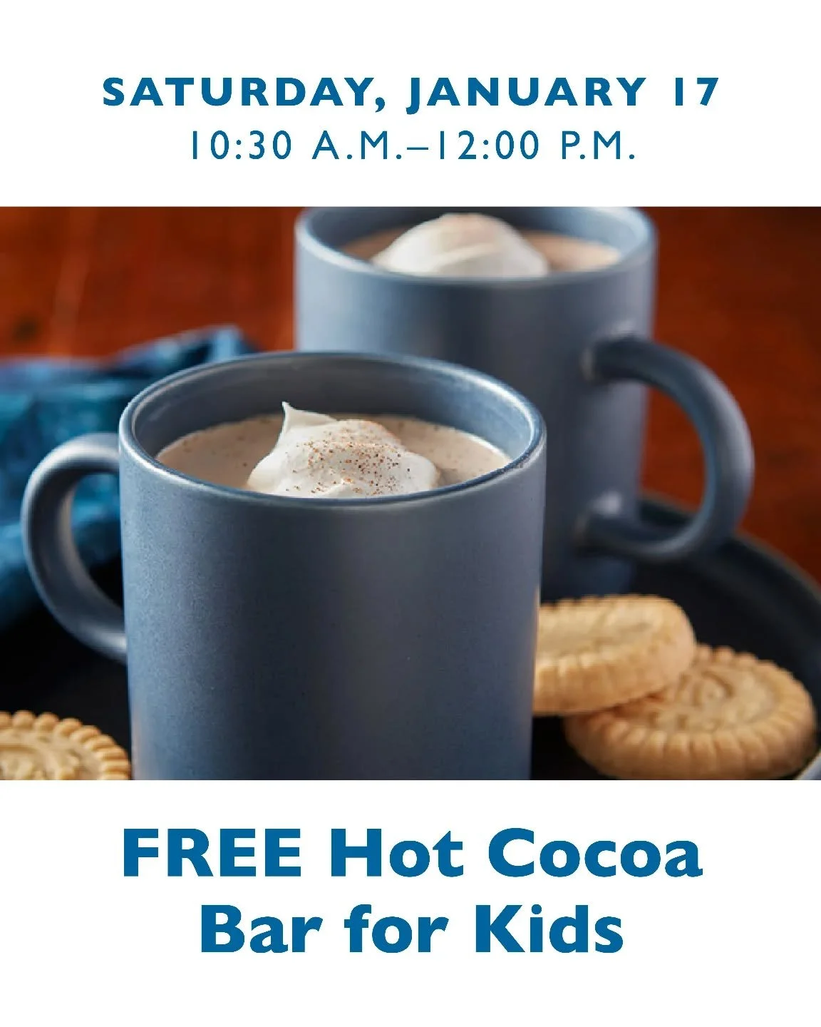 Join us for a free hot cocoa bar at the co-op! We&rsquo;re inviting neighbors, friends and shoppers to gather, warm up and enjoy a sweet treat together.

Enjoy Equal Exchange Organic Hot Cocoa with your choice of toppings and add-ins. 

Saturday, Jan