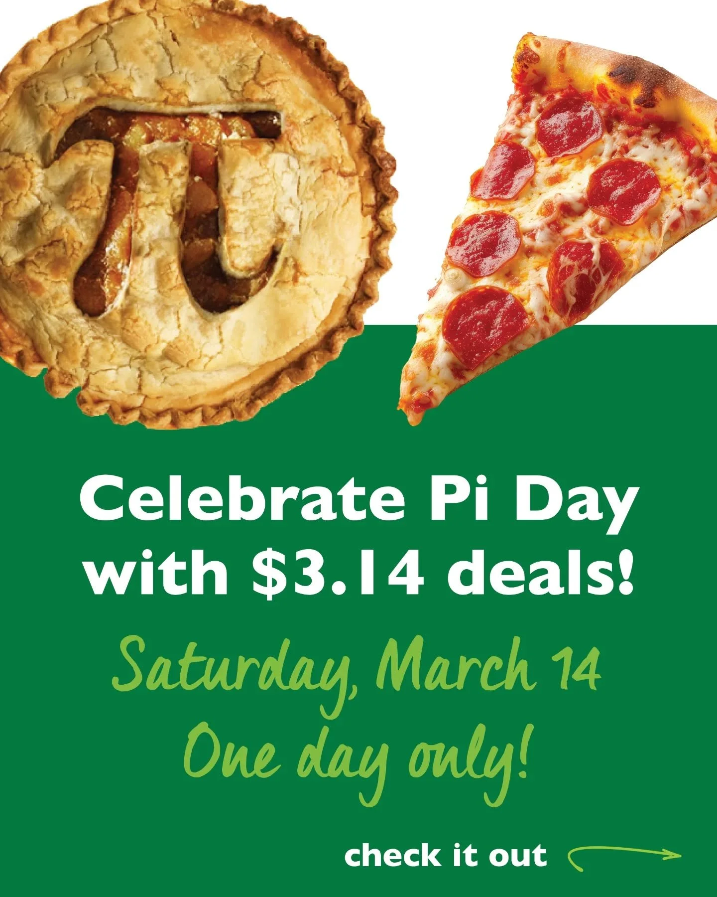 Celebrate Pi Day this Saturday with $3.14 off our Merc Made pies and deli pizza slices for just $3.14 🥧🍕
