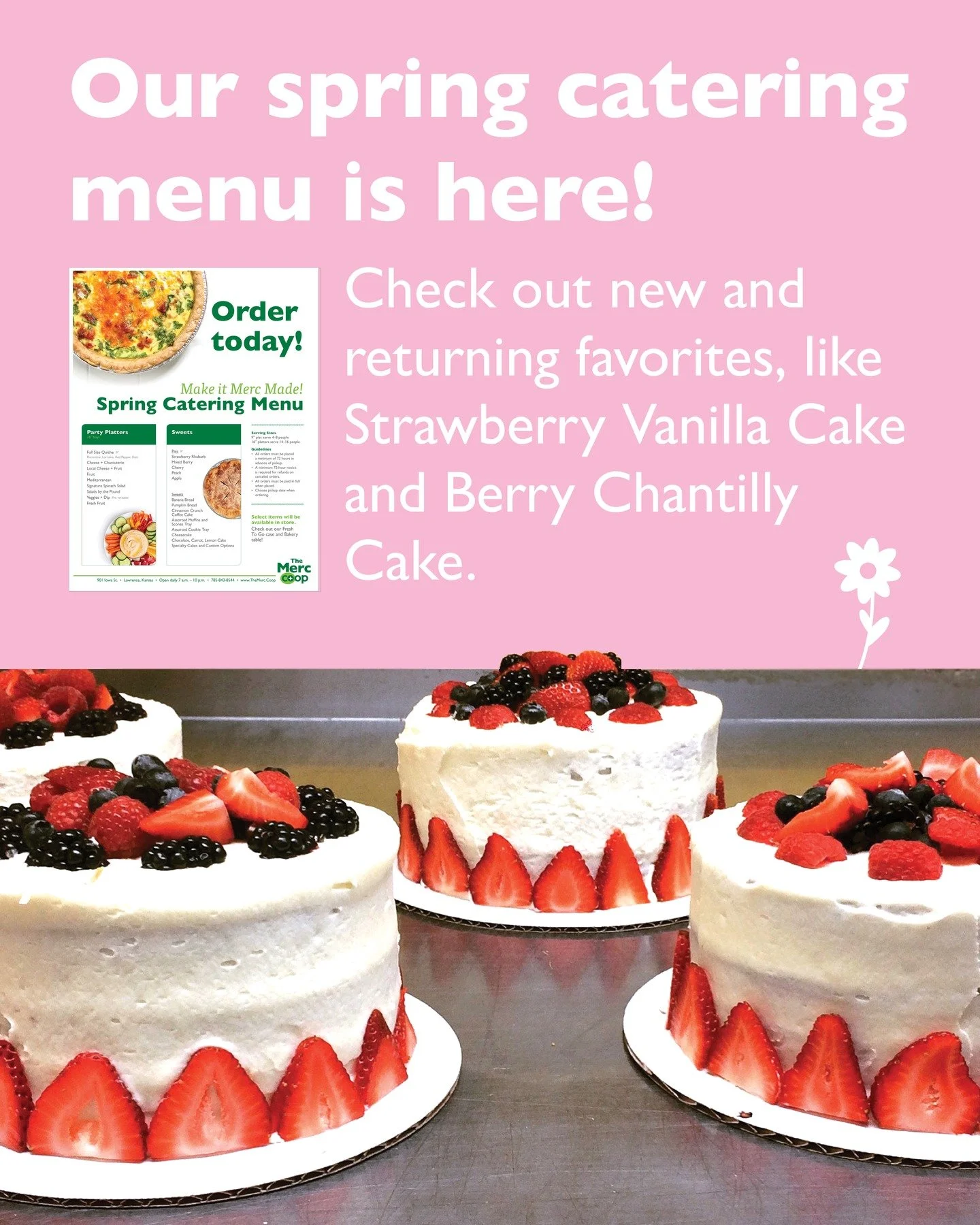 Our spring catering menu is here! Make it #MercMade. Whether you're planning a small family meal or a large party, we offer delicious sweet and savory options to fit any size of gatherings, appetites and budgets.

Did you know we can do custom cake o
