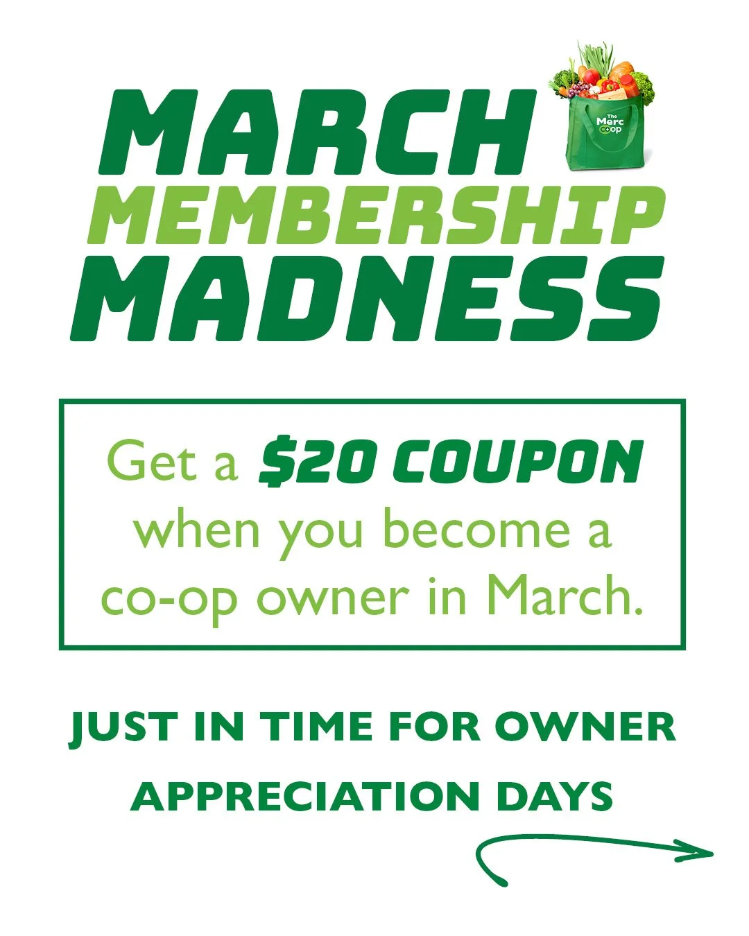 It's the final days of our Owner Drive! Join 10,000+ of your friends and neighbors supporting a community-owned business and get a $20 coupon for your next trip! 

PLUS April is Owner Appreciation Days, when all co-op owners save 20% on one shopping 