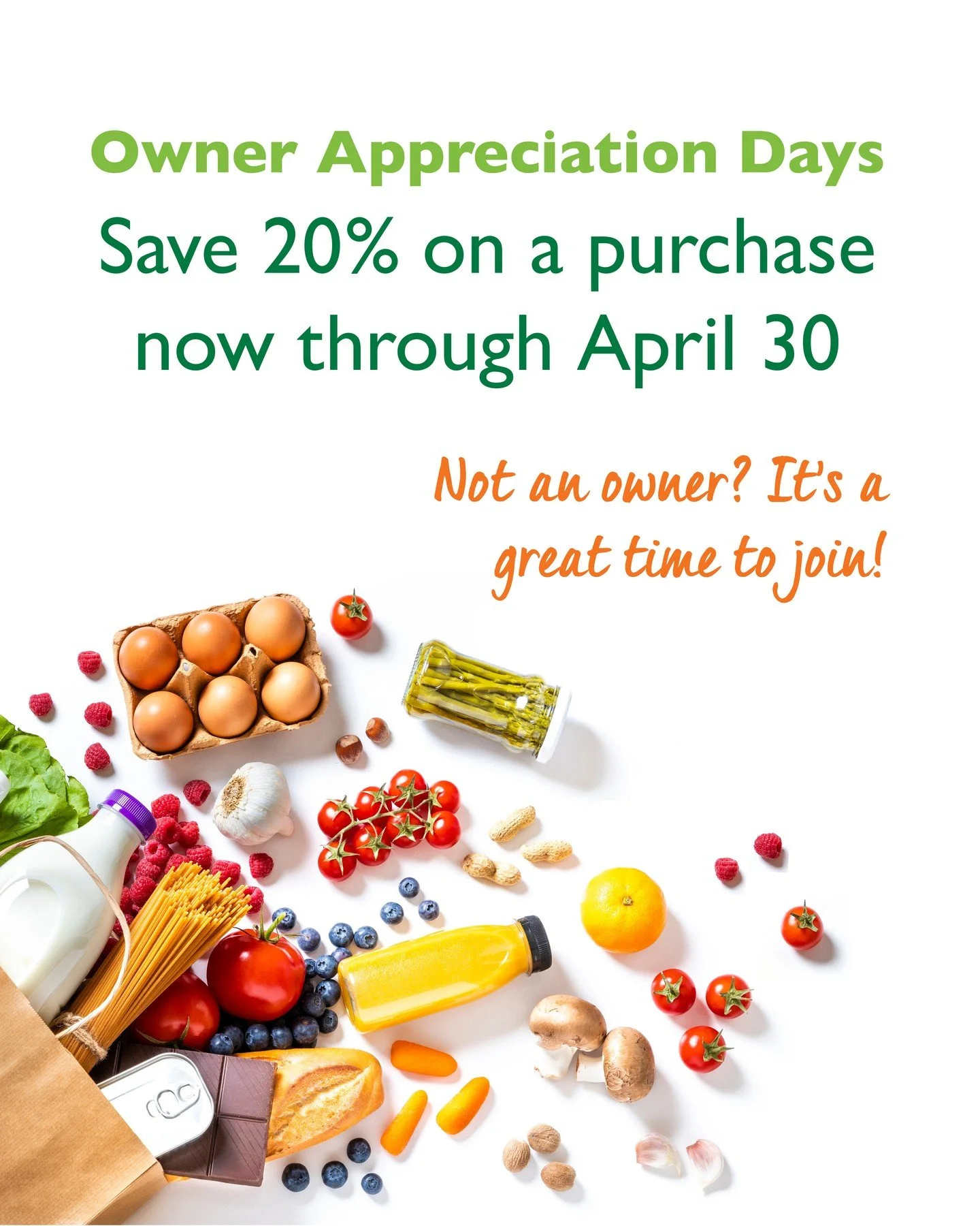 THANK YOU to our 10,000+ owners for supporting your community-owned grocery store! Don't forget to stop in and save 20% on a shopping trip this month - we appreciate you!

Not an owner yet? It's a great time to join! With a one-time investment of $75