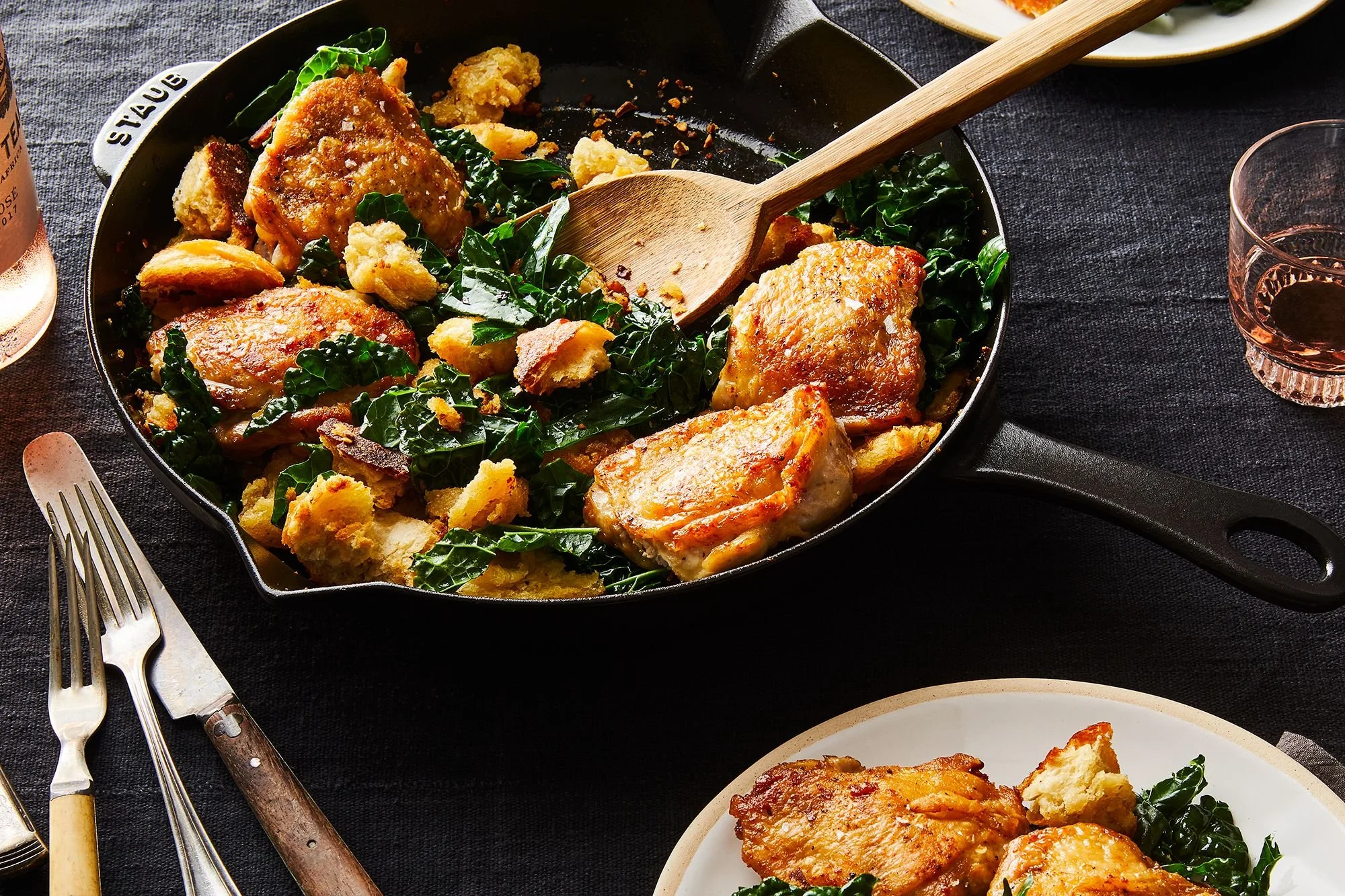Crispy Chicken Thighs With Kale &amp; Croutons