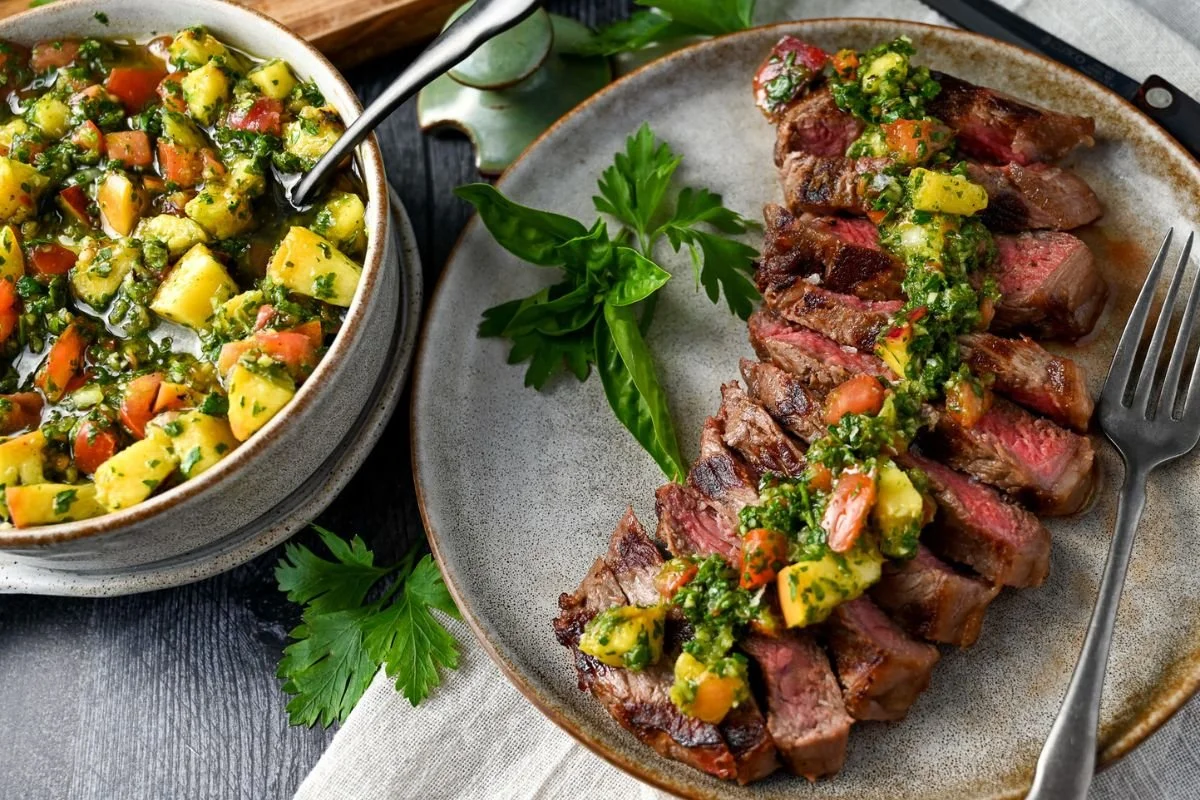 Grilled Strip Steak with Peach Chimichurri
