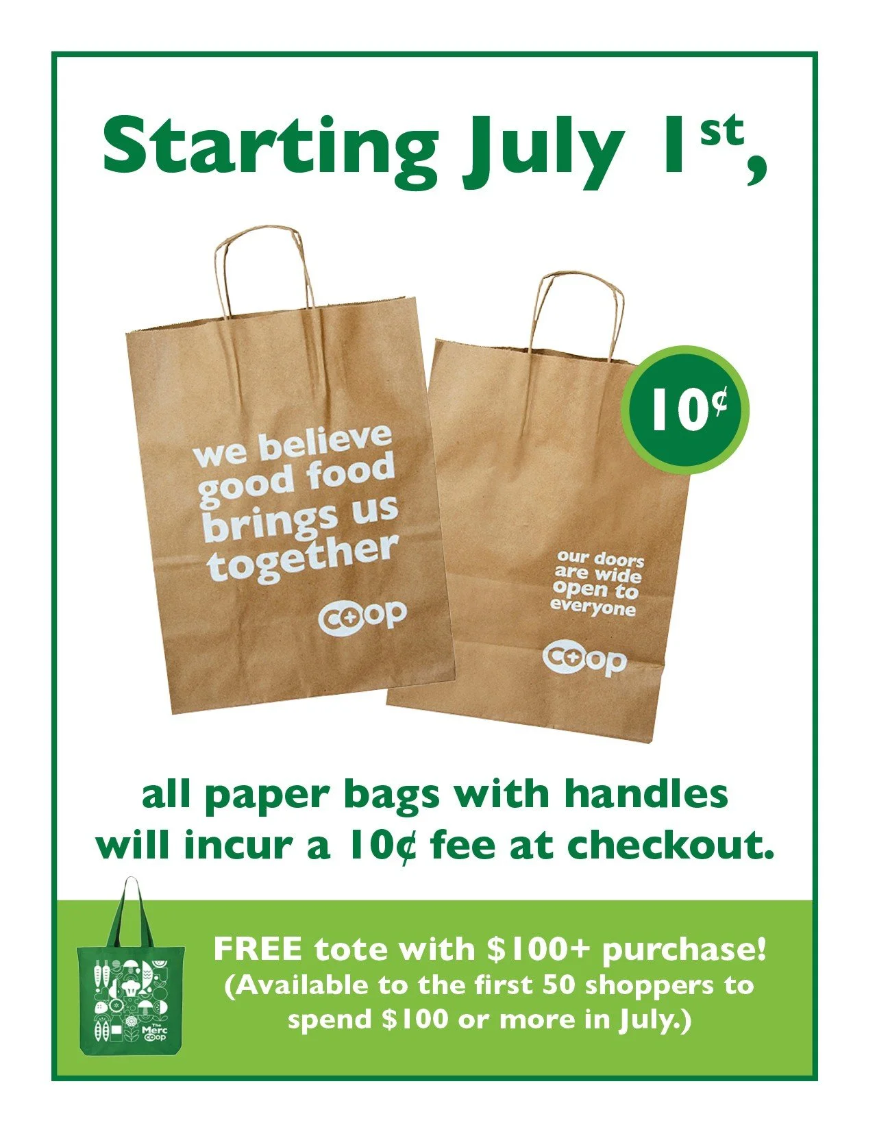 Beginning July 1, all paper bags with handles will incur a 10&cent; fee at checkout. This fee will help offset the rising cost of our large paper bags (now 24&cent; each and expected to increase). 

We&rsquo;ll continue to offer cardboard boxes and s