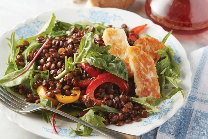   French Lentil and Pepper Salad with Crispy Halloumi  