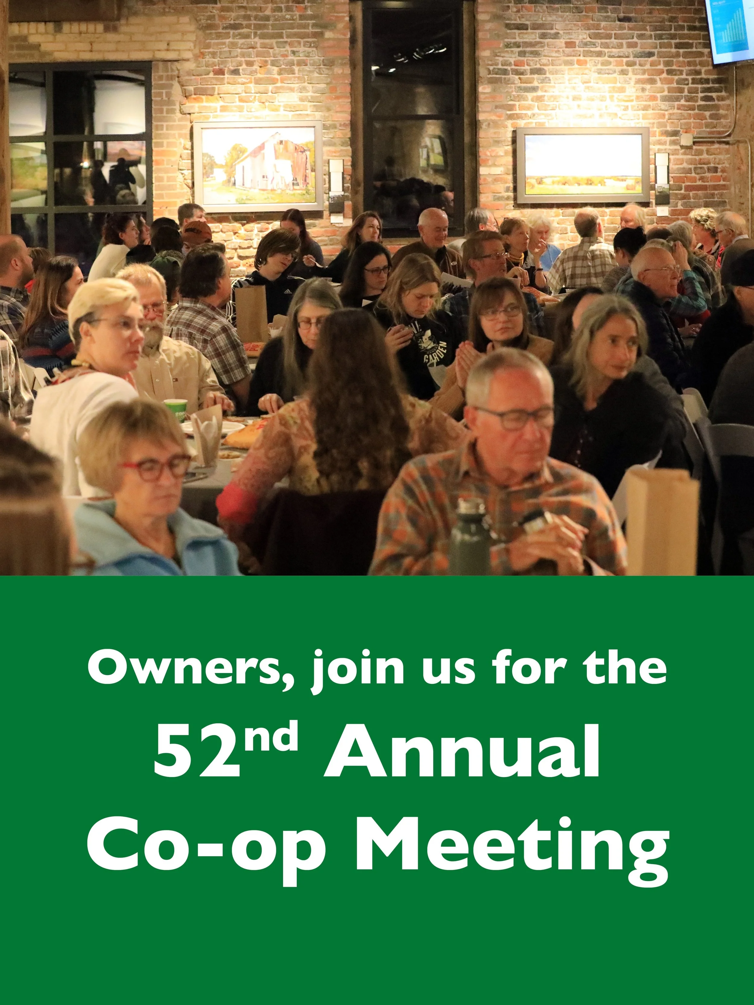 Co-op owners are invited to the 52nd Annual Co-op Meeting on Saturday, November 14 from 5:00 p.m. &ndash; 7:00 p.m. at the Carnegie Building in Lawrence, KS. Gather with our co-op community to look back at our collective accomplishments and share a c