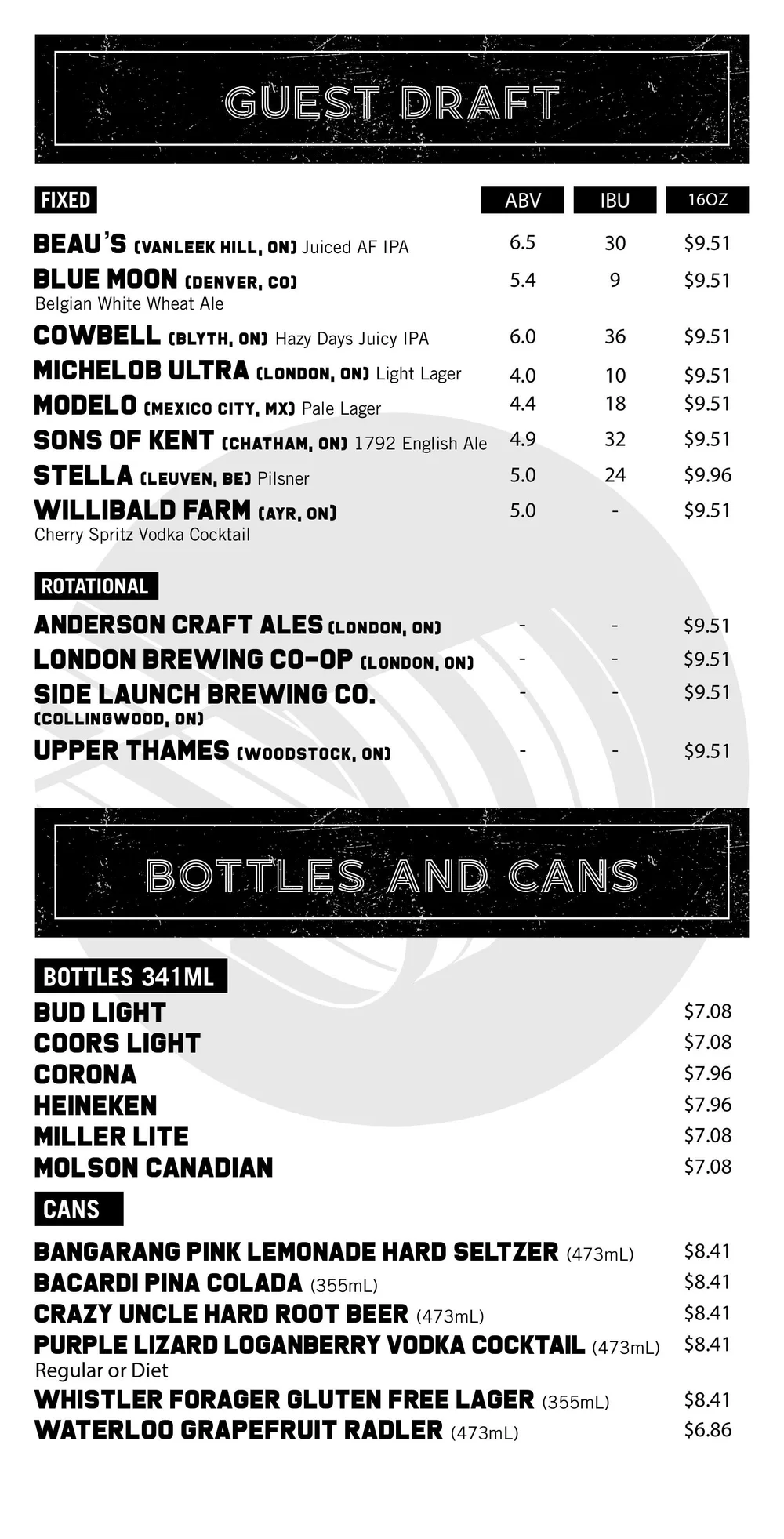 tobacco company drink menu Toboggan Brewing Co DRINK MENU | HiLoTacoCo