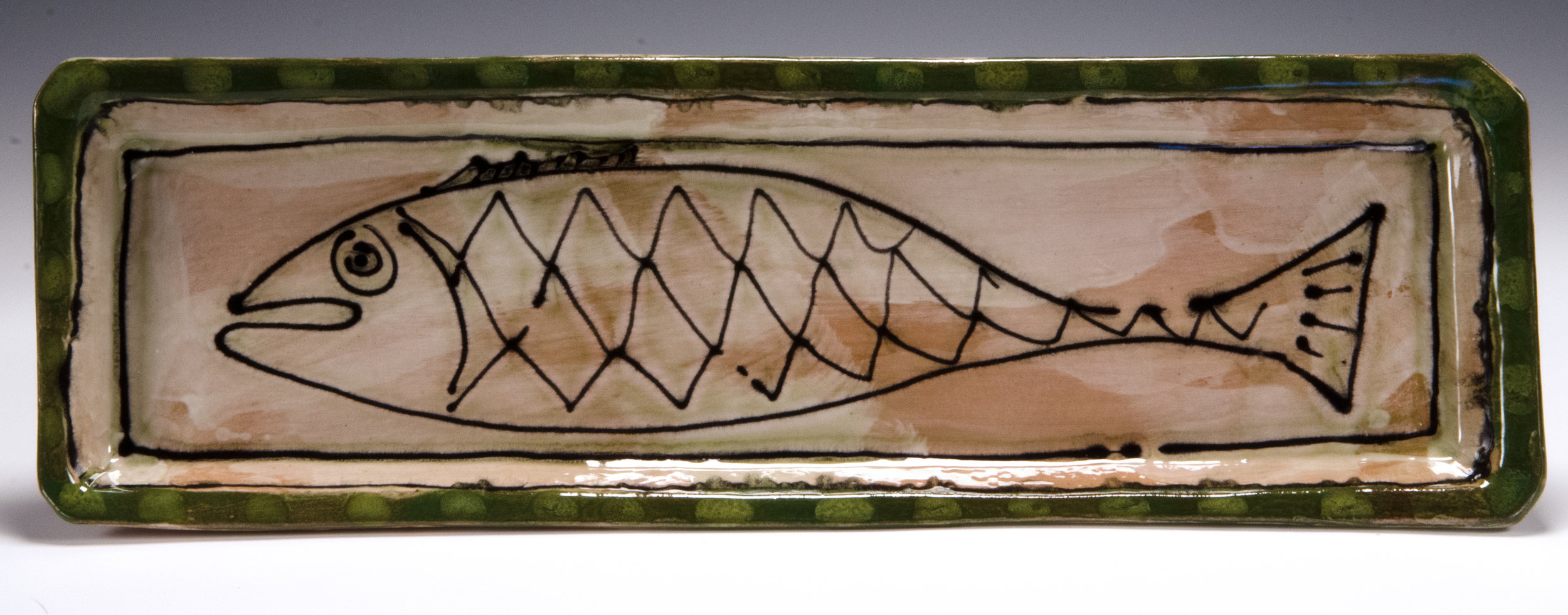  Fish dessert tray,&nbsp; 2016, stoneware, slip, stain, glaze, 19x6 inches 