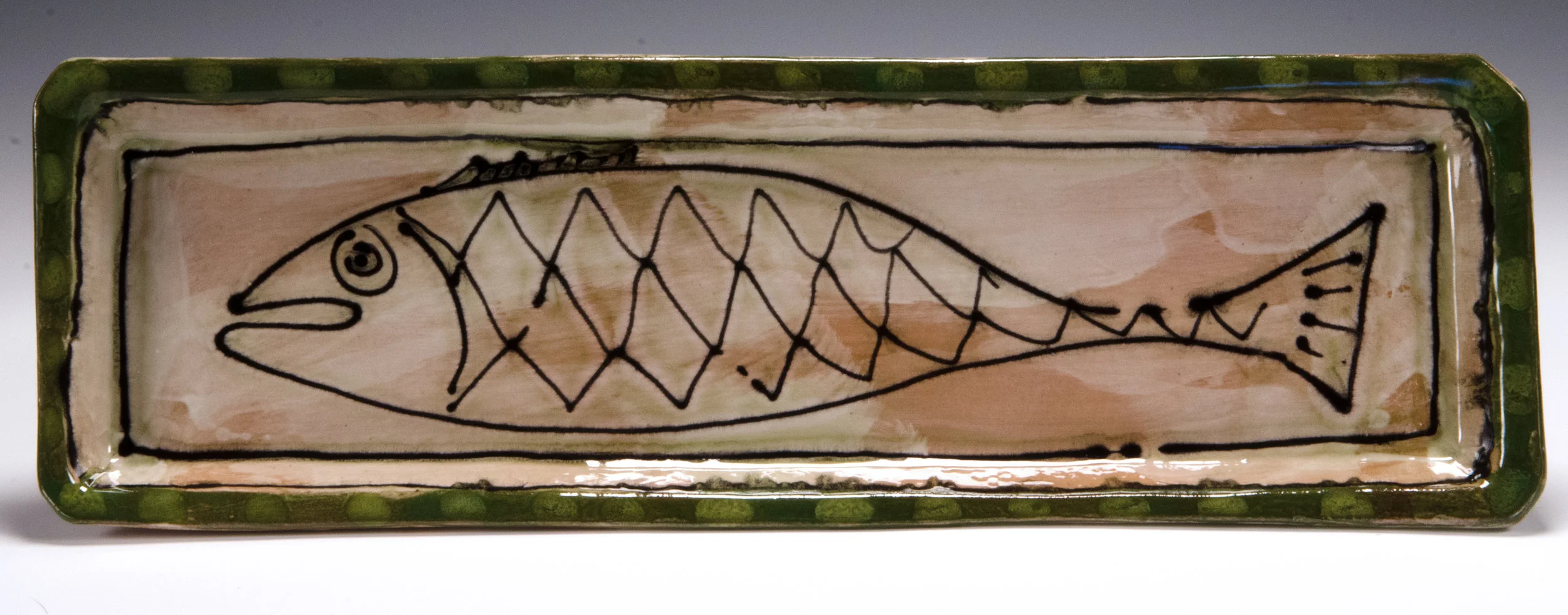 Fish dessert tray, 2016, stoneware, slip, stain, glaze, 19x6 inches