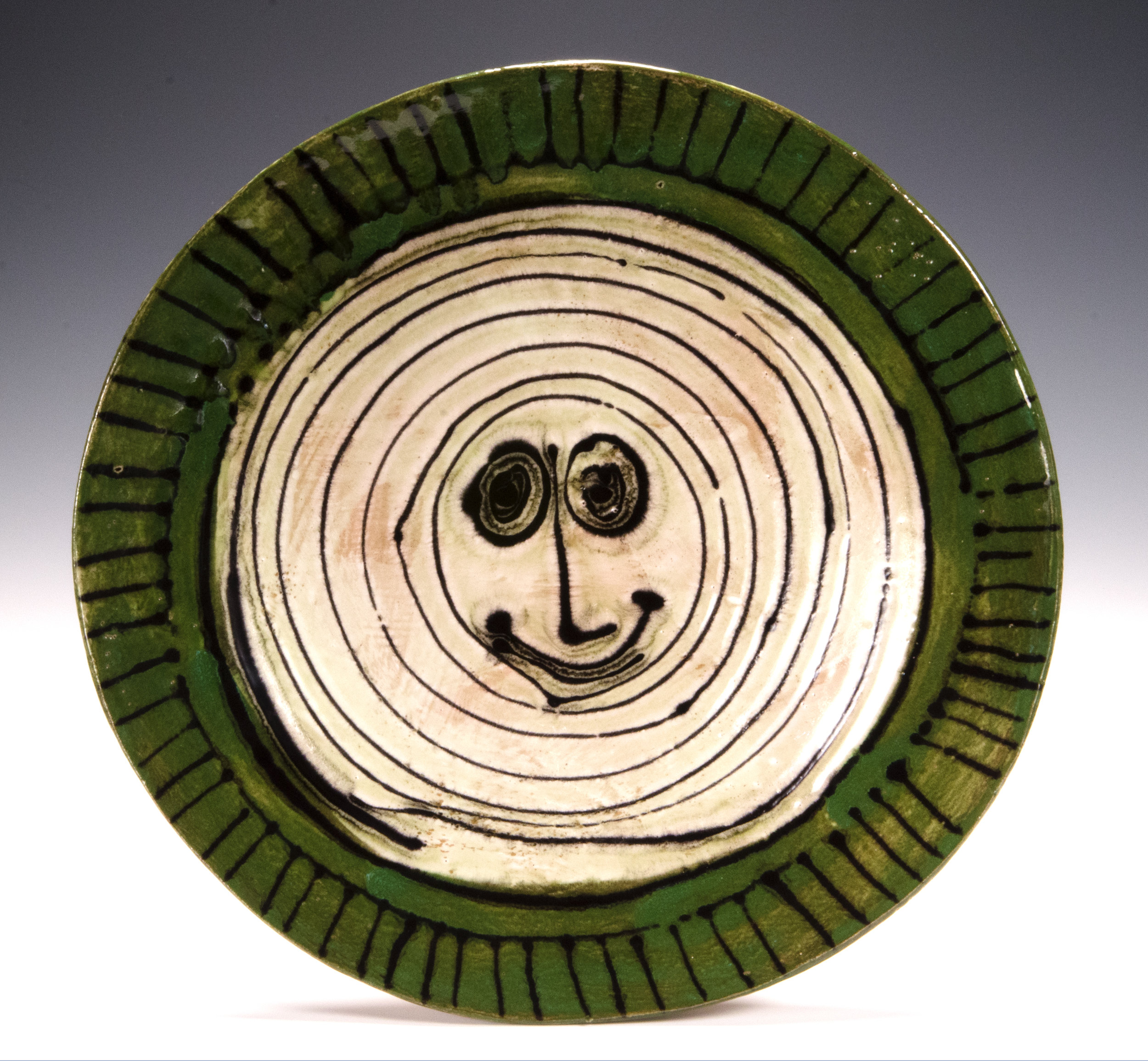  Charger Aug 2016, slab made, stoneware, slip, glaze stain, 12.5 incehes 