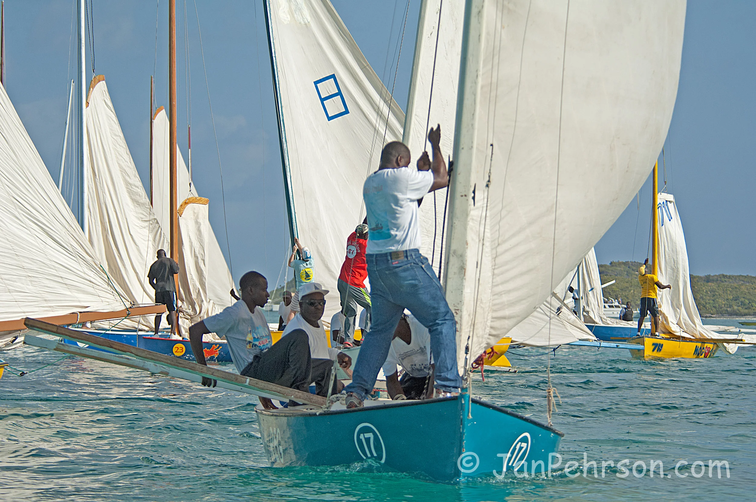 National Family Island Regatta of the Bahamas 2015 Class C -Race 1 - Start - Bull Reg sailed by Buzzy Rolle, Boat Builder (0021)