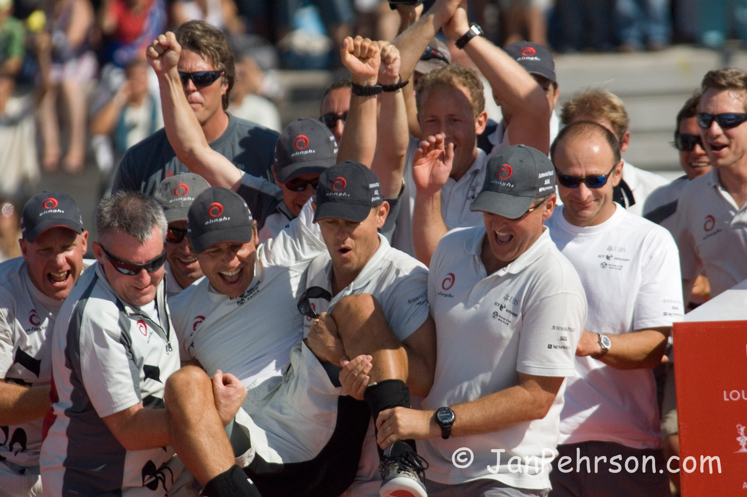 America's Cup Match - Final Race 2007, Alinghi wins over Emirates Team New Zealand by 1 second.  Ernesto Bertarelli carried by teammates during after-race celebration (01220)