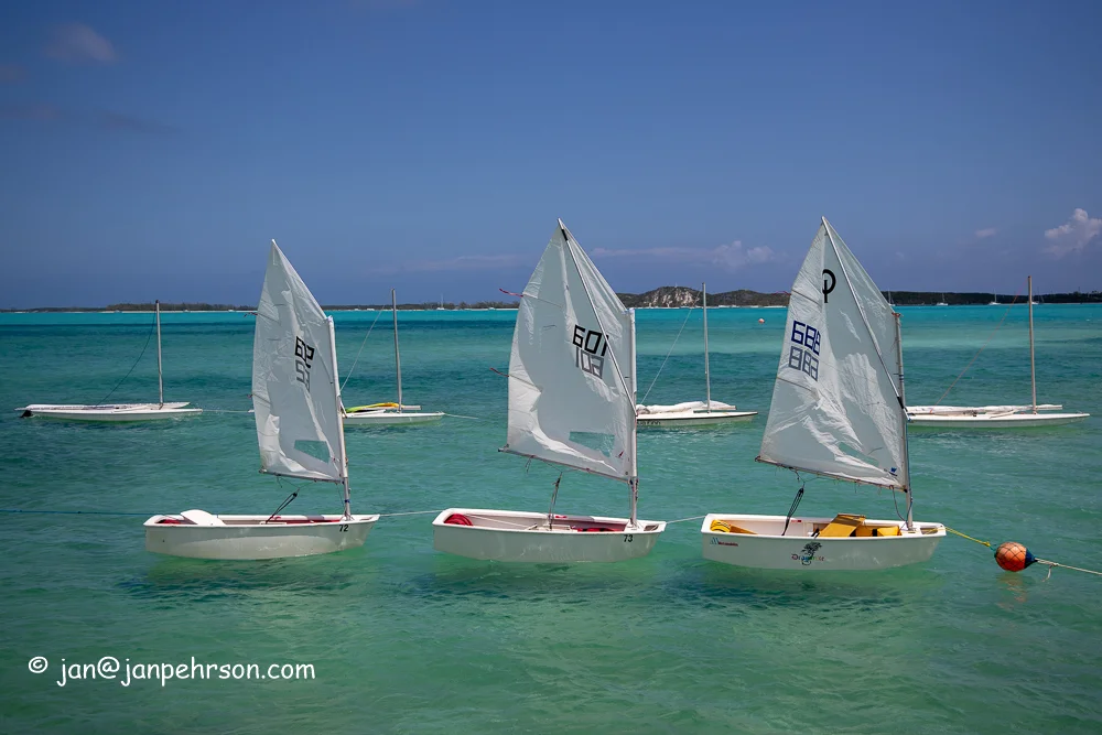 April 2019, George Town, Exuma, Bahamas, Exuma Sailing Club Regatta, Optis and Sunfish between races