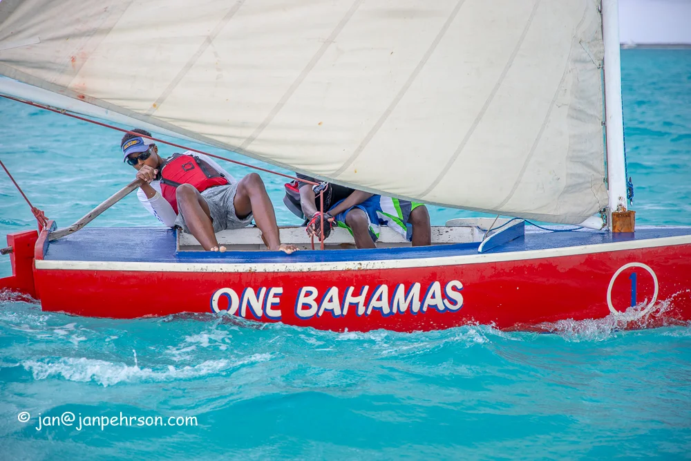April 2019, George Town, Exuma, Bahamas, Exuma Sailing Club Regatta, E-Class Sloop "One Bahamas"