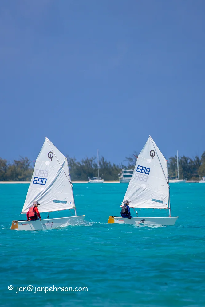 April 2019, George Town, Exuma, Bahamas, Exuma Sailing Club Regatta, Brothers Joss and Emit battle in Optis