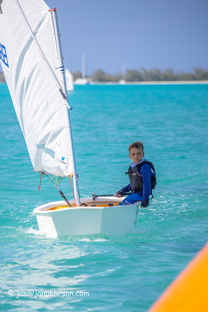 April 2019, George Town, Exuma, Bahamas, Exuma Sailing Club Regatta, Emit sails his Opti