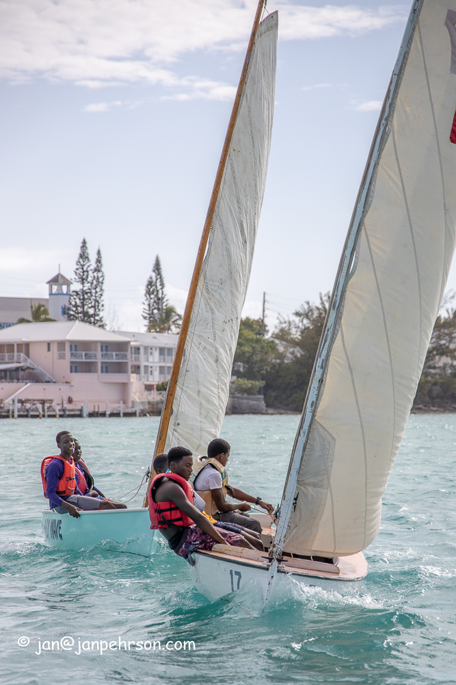 April 2019, George Town, Exuma, Bahamas, Exuma Sailing Club Regatta, E-Class Sloops "Baby Wave" and "Lady Kayla"