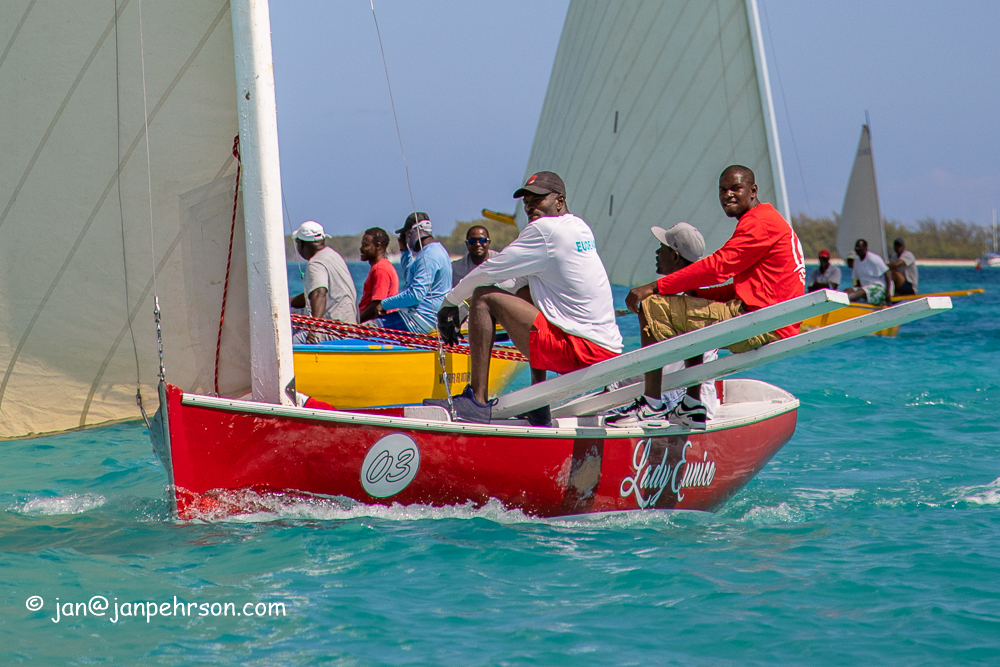 April 2019, George Town, Exuma, Bahamas, Family Island Regatta Day 1 Cup Race, C Class, Lady Eunice (0222)