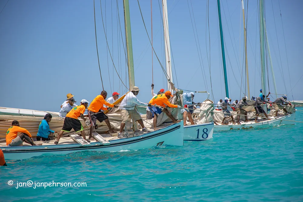April 2019, George Town, Exuma, Bahamas, Family Island Regatta Day 1 Cup Race, B Class Start (0244)