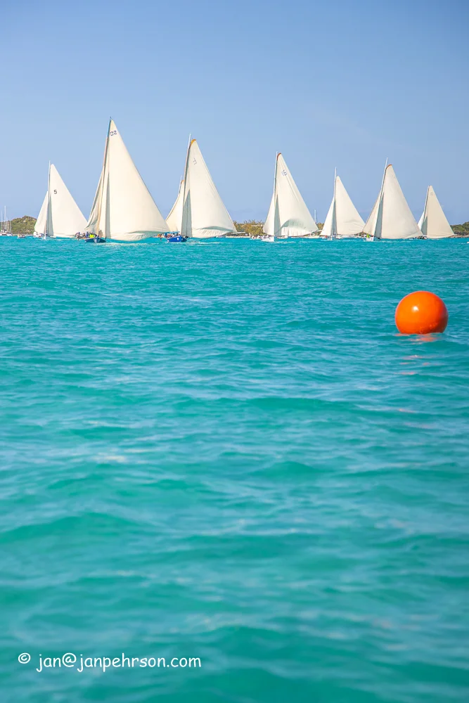 April 2019, George Town, Exuma, Bahamas, Family Island Regatta Day 1 Cup Race, A Class Downwind Leg (0714)