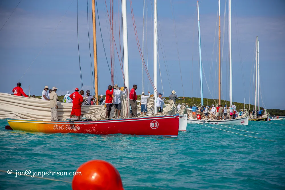 April 2019, George Town, Exuma, Bahamas, Family Island Regatta Day 2 of Championship, A Class Start (0803)