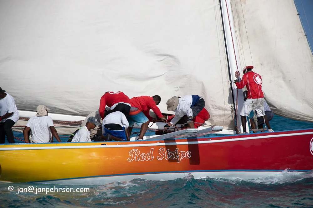 April 2019, George Town, Exuma, Bahamas, Family Island Regatta Day 2 of Championship, A Class, Red Stripe (0987)