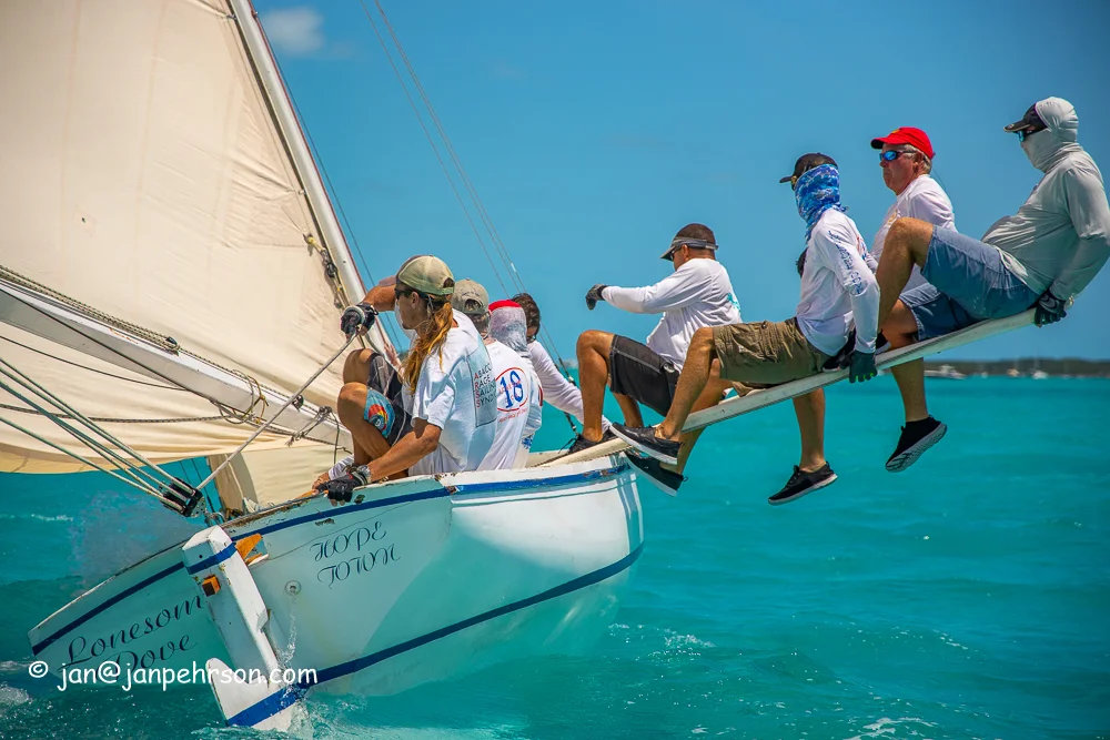 April 2019, George Town, Exuma, Bahamas, Family Island Regatta Day 2 of Championship, B Class, 1st in Class (0779)