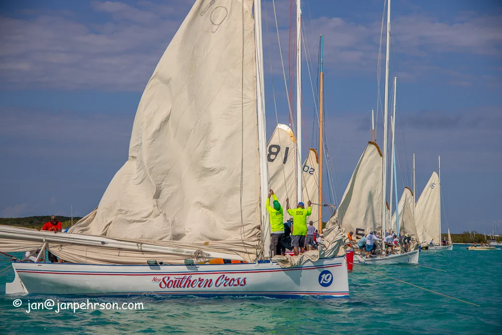 April 2019, George Town, Exuma, Bahamas, Family Island Regatta Day 2 of Championship, Class A Start (0810)