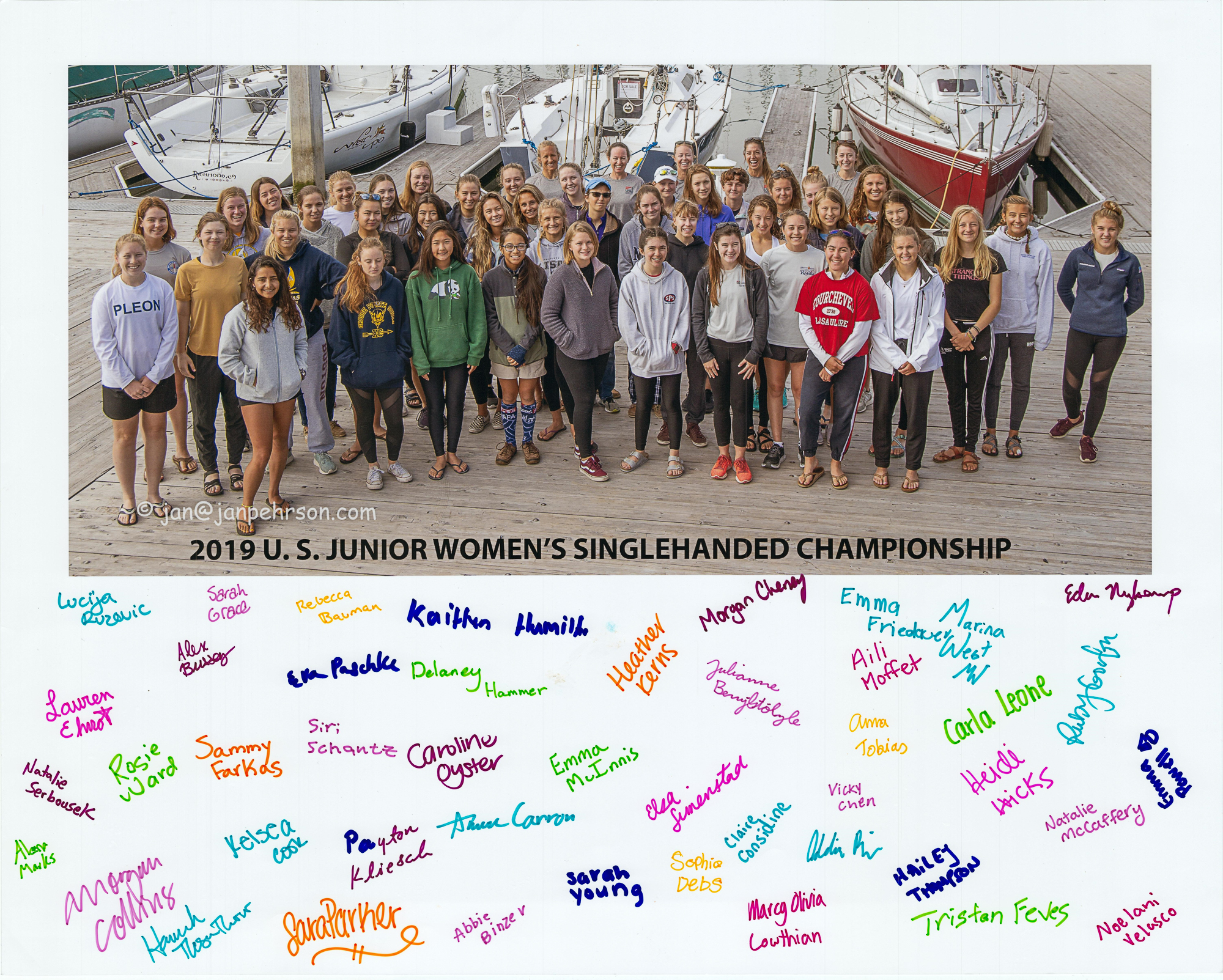 2019 U.S. JUNIOR WOMEN’S SINGLEHANDED CHAMPIONSHIP at the Richmond Yacht Club, July 2019 -- Group photo and signed poster