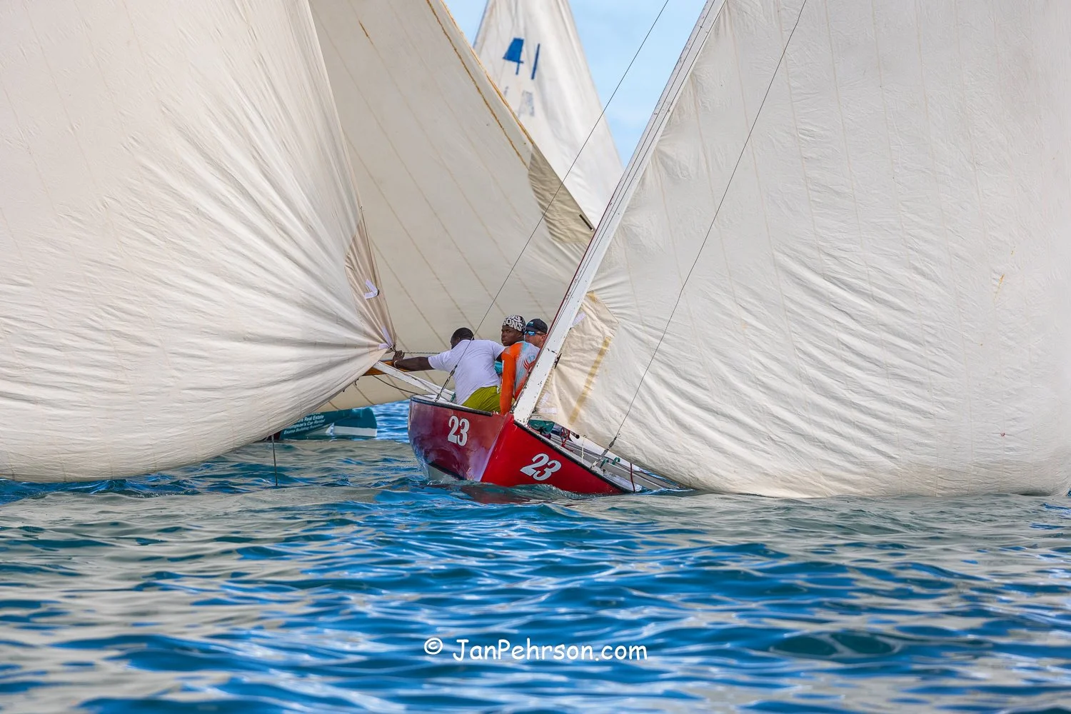 Leander "Magic" Pinder’s 17 ft C Class Bahamian sloop “Patton Pride” emerges from the pack at the 2025 Best of the Best Regatta skippered by 18 year old Joss Knowles