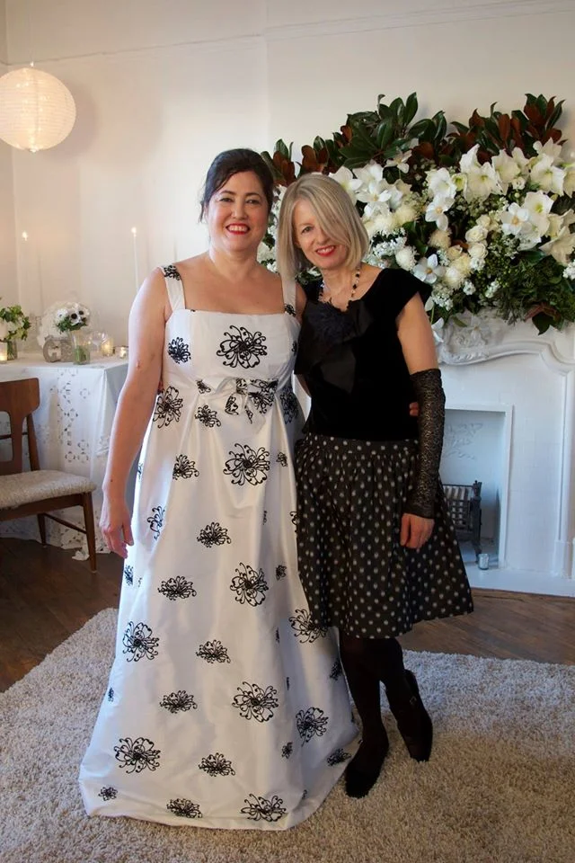Catherine Lazure at her wedding with couturier Elizabeth Cannon
