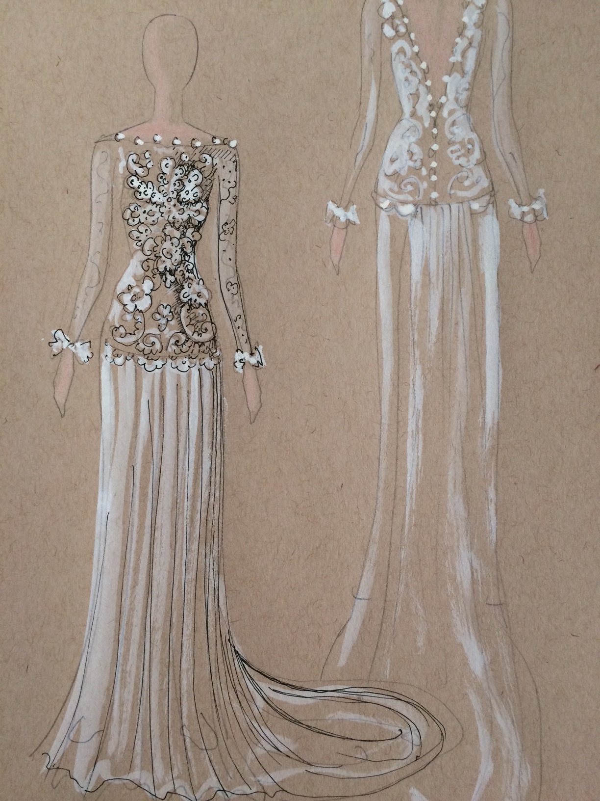 Alenćon Lace bodice with silk chiffon skirt and lightly beaded chiffon sleeves