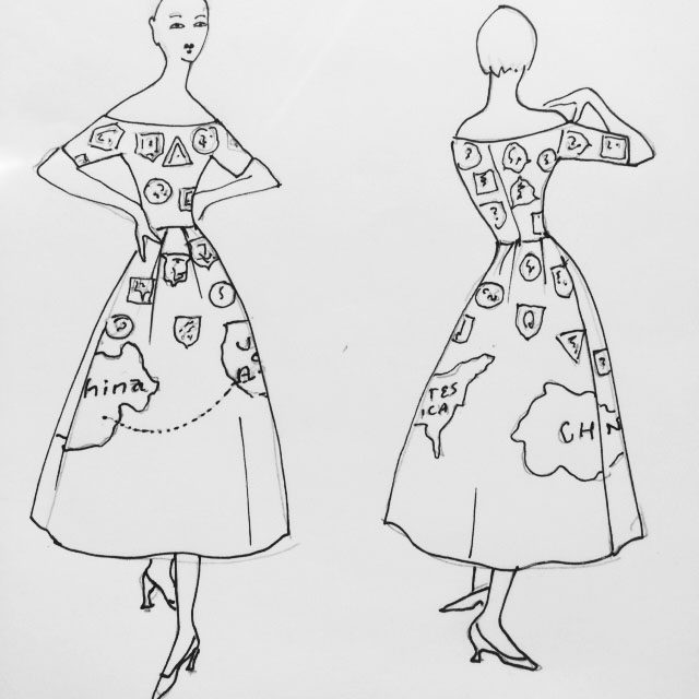 sketch for a client for her daughter's bat- mitzvah including an embroidered connection between her daughter's birthplace in China and current home in the U.S. as well as travel patches from all the places they have visited together. I will also be designing her daughter's dress with a map-printed fabric.