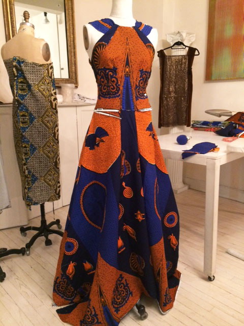 full length view of pinned dress in process