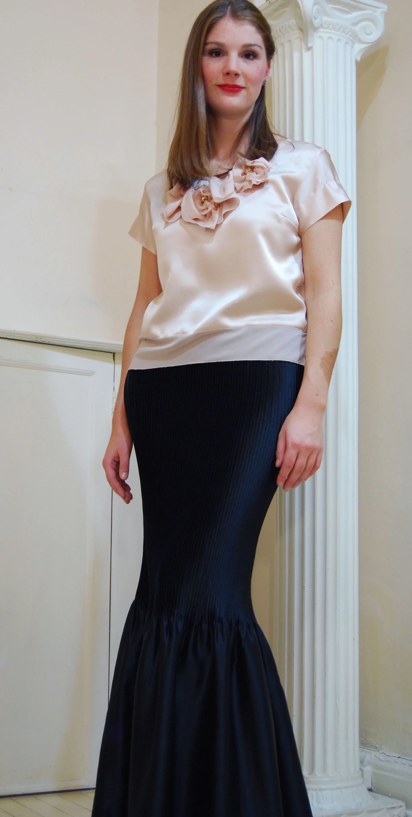 silk charmeuse top with silk flowers and chiffon band- poly plissé skirt