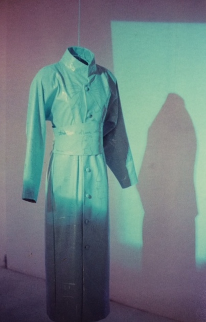 Baby blue leather coat painted in silver marker ink by Jo Shane from Cocteau drawings