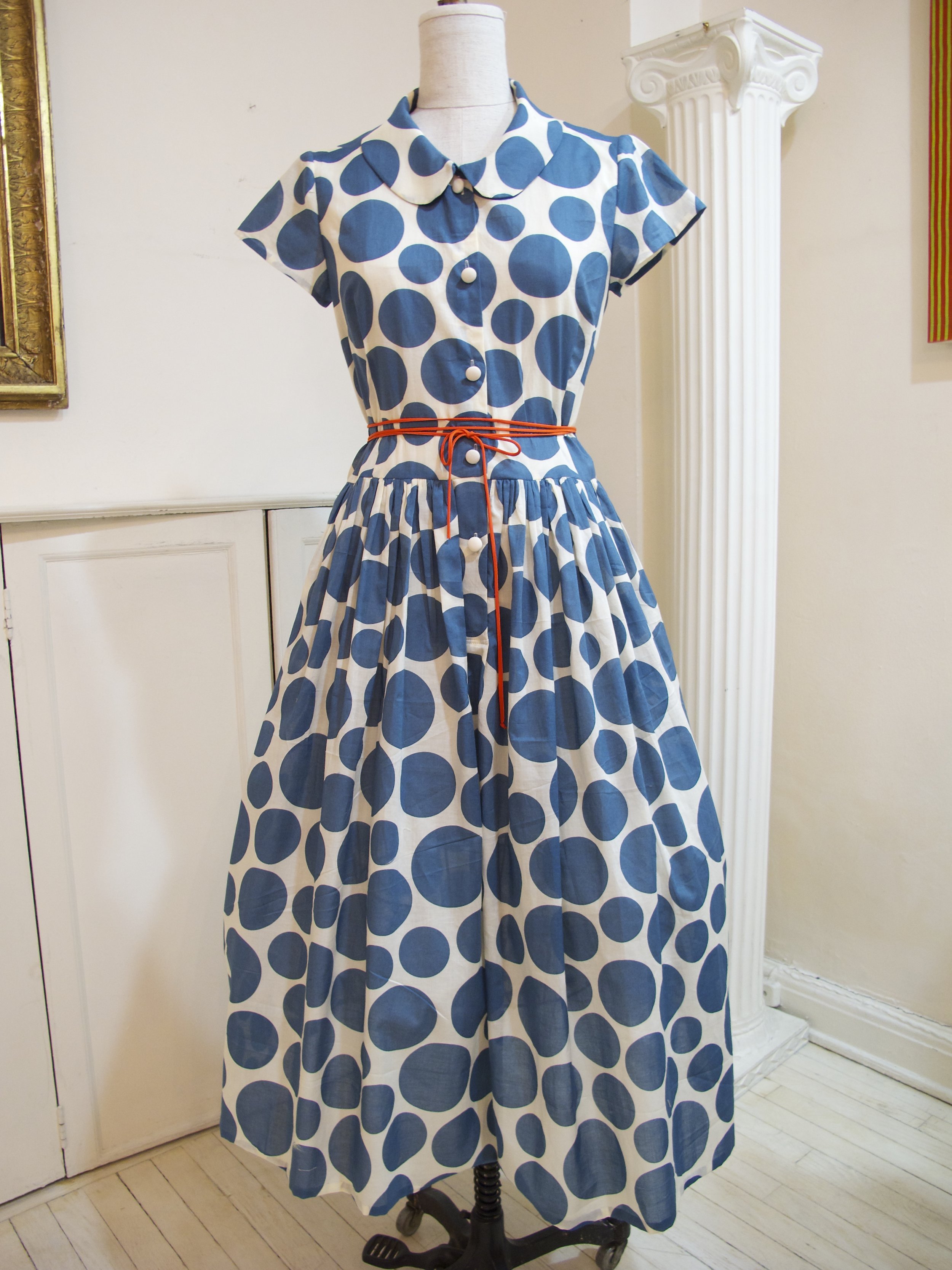  cotton voile polka-dot print shirt dress with fabric cord tie belt - sold 