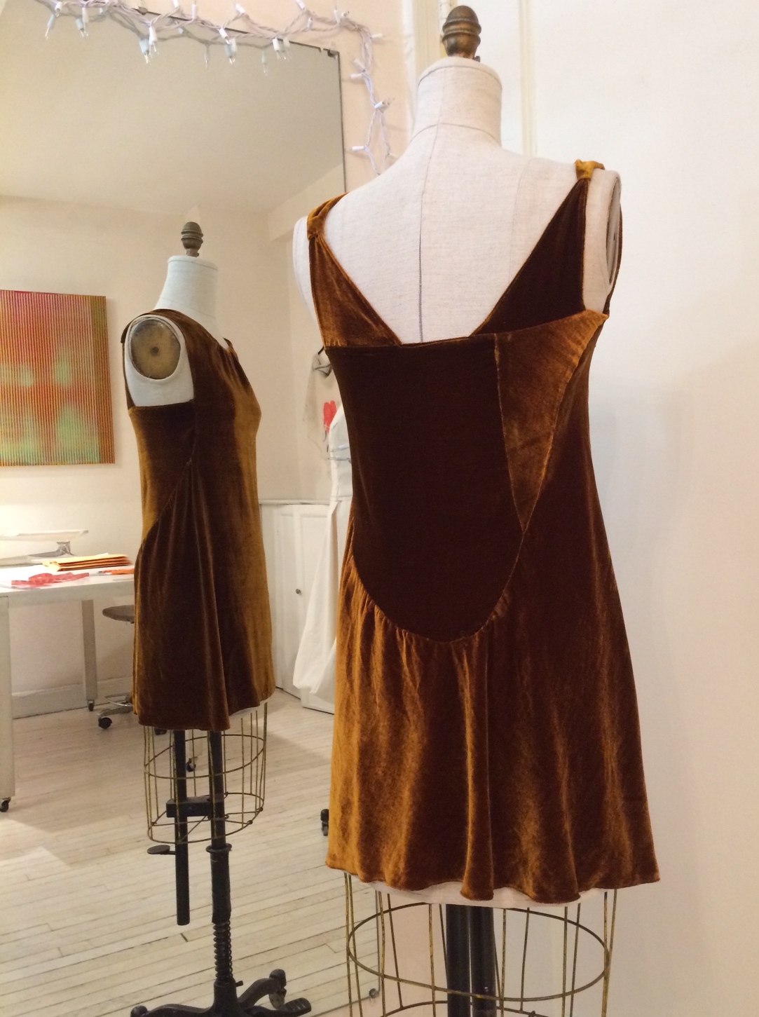 Amber velvet silk and Rayon dress draped and made from leftover pieces