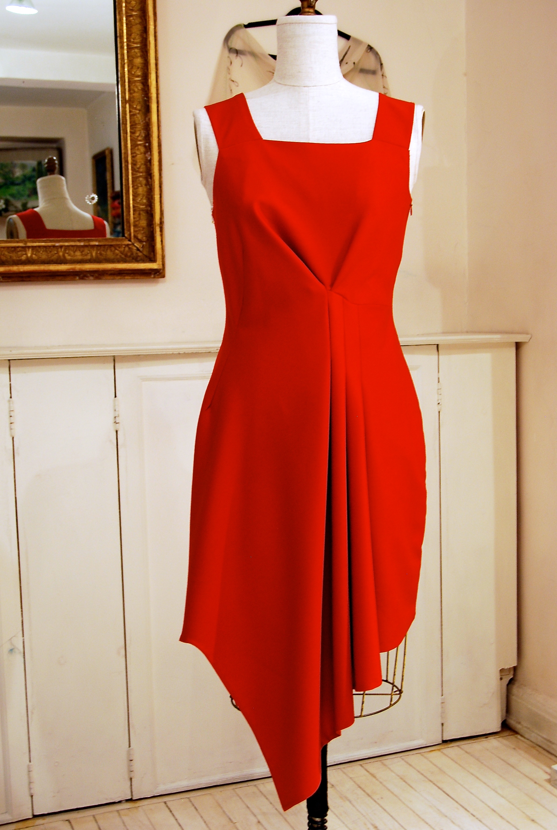 Red Wool Draped Dress with asymmetrical hem