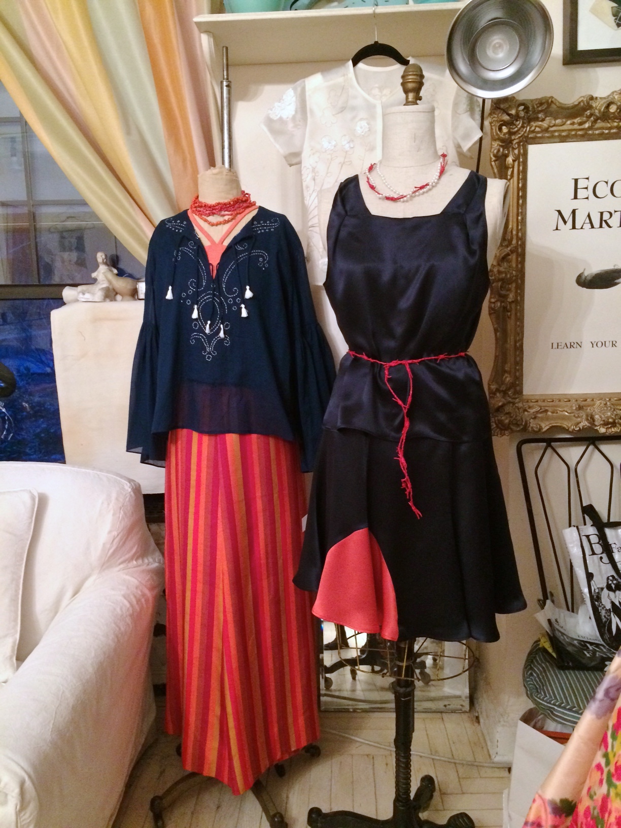 Stripe silk pants, cotton shirt w/ embroidery, ponté knit camisole- silk charmeuse top and skirt w/ barbed wire tie