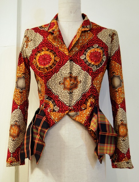 wax-print jacket with optional silk tartan bows