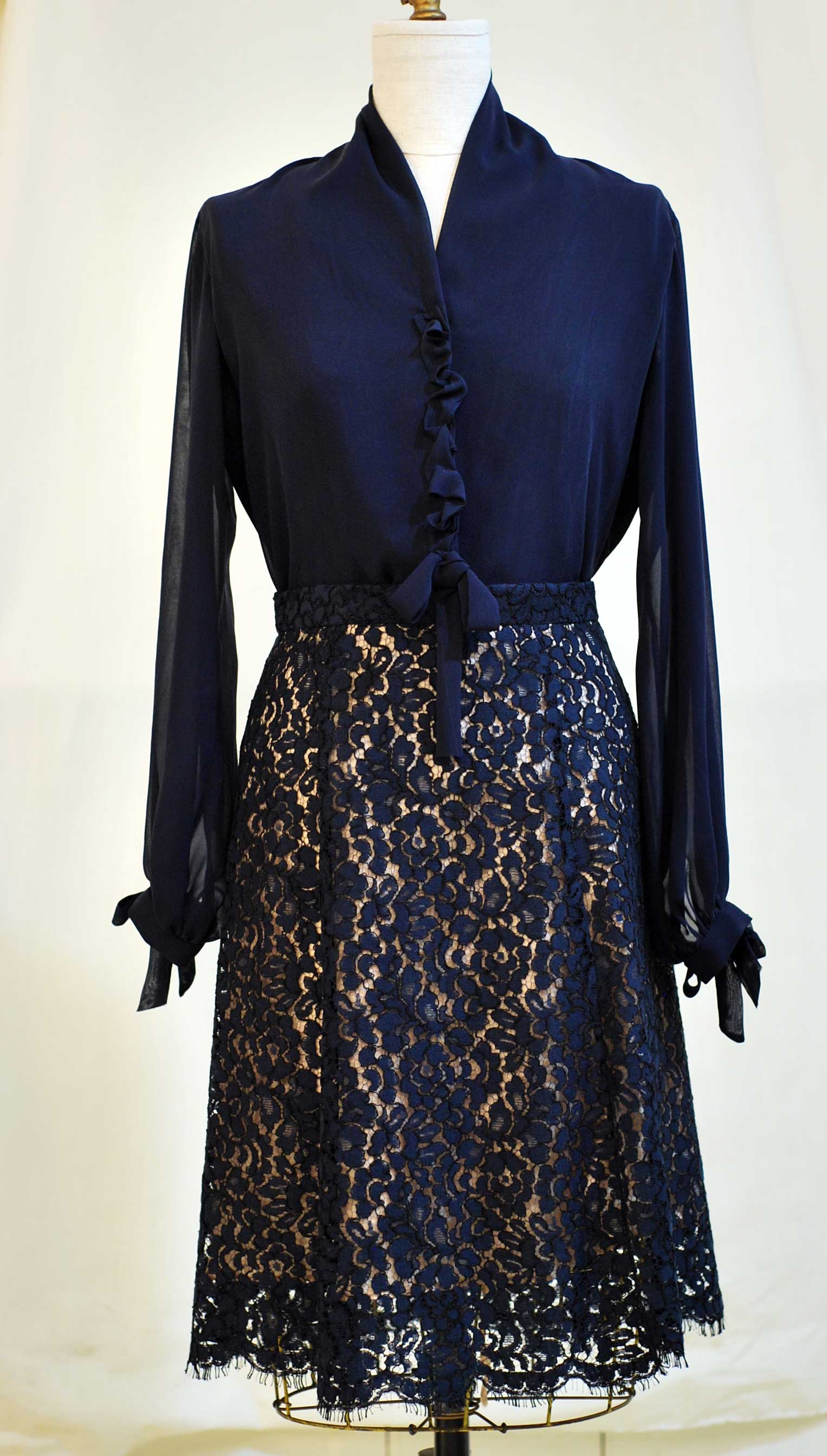  Navy Silk chiffon blouse and Navy lace skirt - special order - contact me for details  