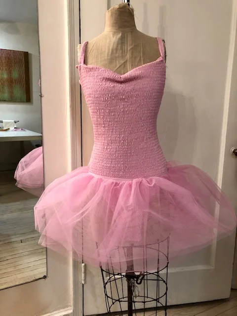 I puckered stretch lycra/spandex to simulate the original fabric in the bathing suit + tutu Trisha wore in the 70’s when she performed this piece on a soho rooftop