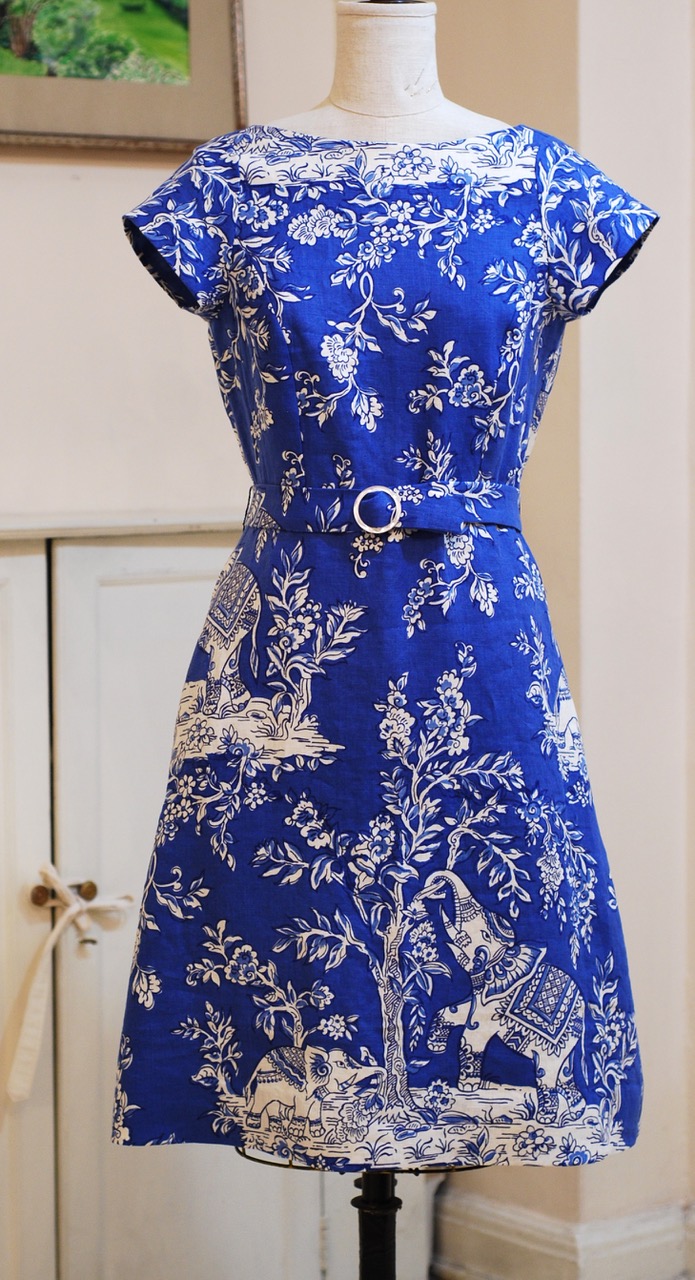  Lucky Ganesh Dress, Clarence House linen, half belt, size 12, on sale $650. from $875. Now $475. - SOLD 