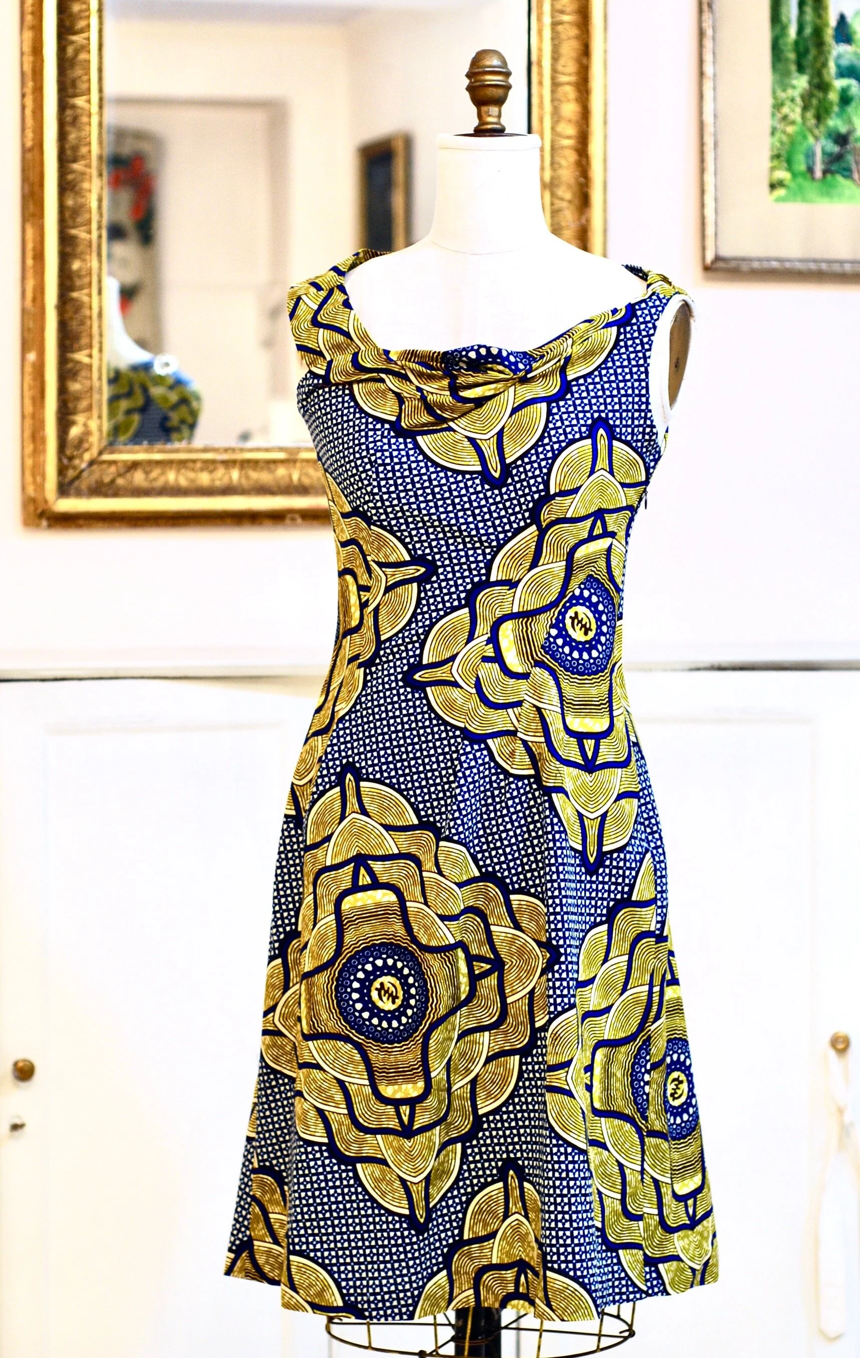 Draped cotton wax -print dress