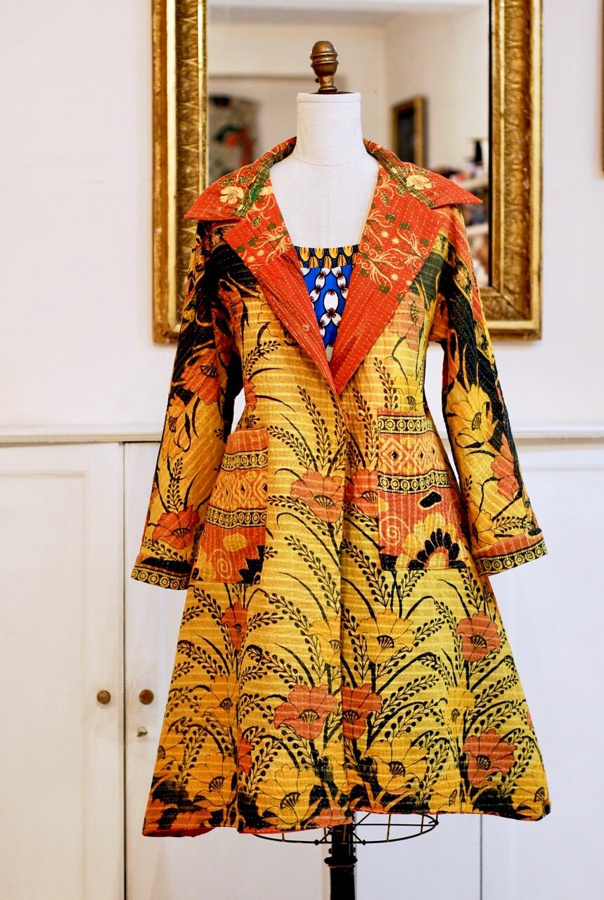  Yellow flower side Kantha coat - fits sz 6-14 - reversible - SOLD 