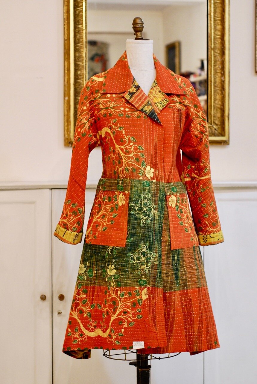  Kantha coat - reversible - Orange/green side - 100% cotton up-cycled from India hand-stitched quilt - sz 6-14 - SOLD 